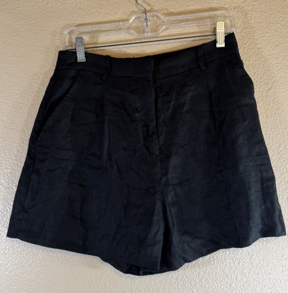 Zara Womens Medium Black 100% Linen High Rise Shorts